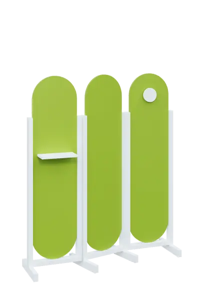 ATMOSFERE ROUND 416, dřevěný 3-dílný paraván, mobilní, výška 1600 mm, rám bílá, výplň jarní zeleň, polička, věšák