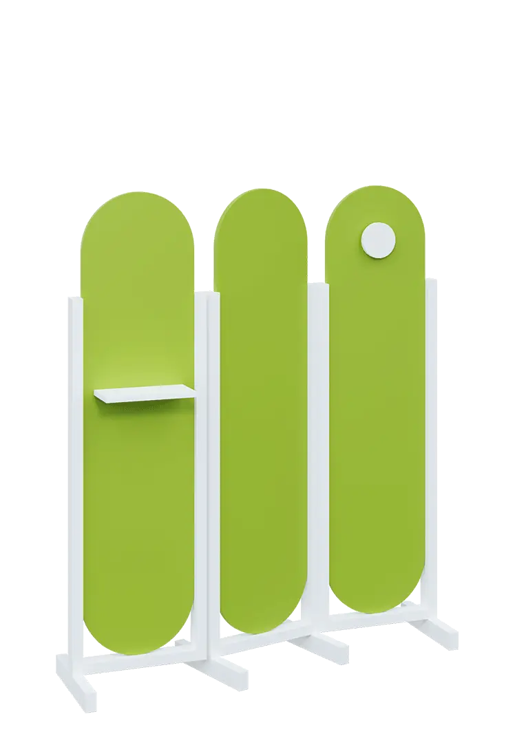 ATMOSFERE ROUND 416, dřevěný 3-dílný paraván, mobilní, výška 1600 mm, rám bílá, výplň jarní zeleň, polička, věšák