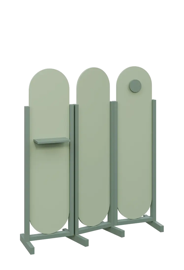ATMOSFERE ROUND 416, dřevěný 3-dílný paraván, mobilní, výška 1600 mm, rám industrial green, výplň pistáciově zelená, polička, věšák