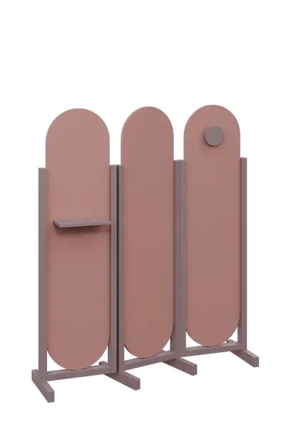 ATMOSFERE ROUND 416, dřevěný 3-dílný paraván, mobilní, výška 1600 mm, rám sandy lilac, výplň antická růžová, polička, věšák