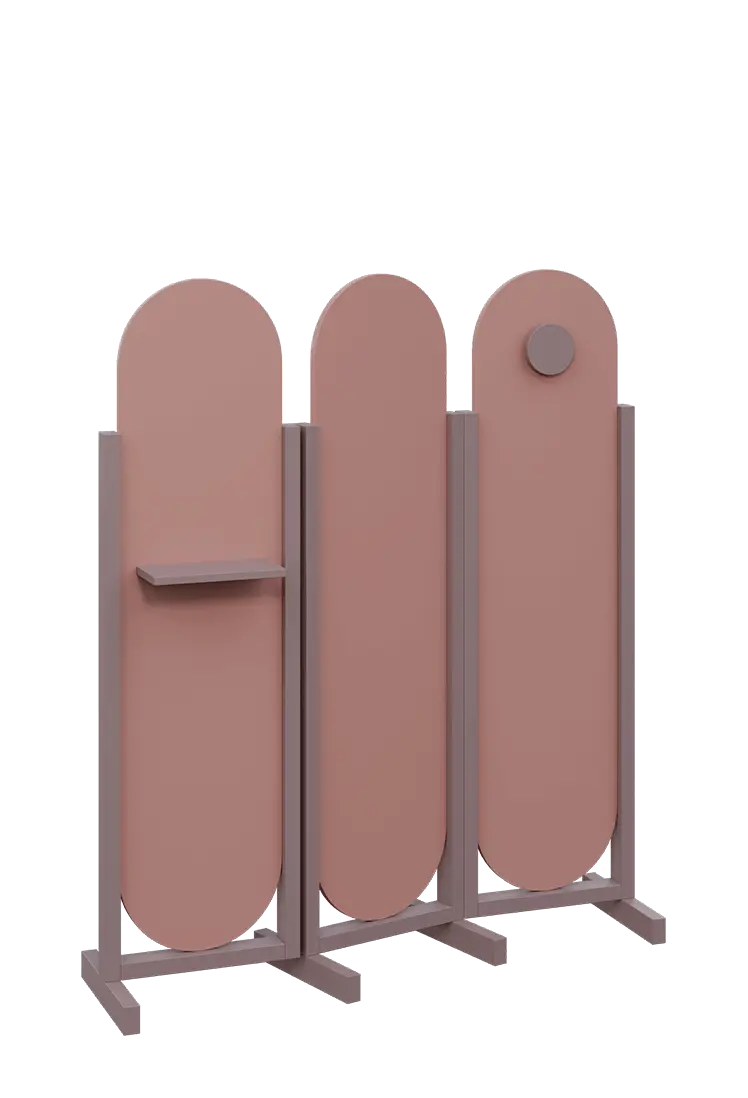 ATMOSFERE ROUND 416, dřevěný 3-dílný paraván, mobilní, výška 1600 mm, rám sandy lilac, výplň antická růžová, polička, věšák