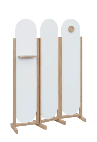 ATMOSFERE ROUND 419, dřevěný 3-dílný paraván, mobilní, výška 1900 mm, rám dub bardolino, výplň bílá, polička, věšák