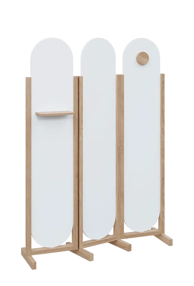 ATMOSFERE ROUND 419, dřevěný 3-dílný paraván, mobilní, výška 1900 mm, rám dub bardolino, výplň bílá, polička, věšák