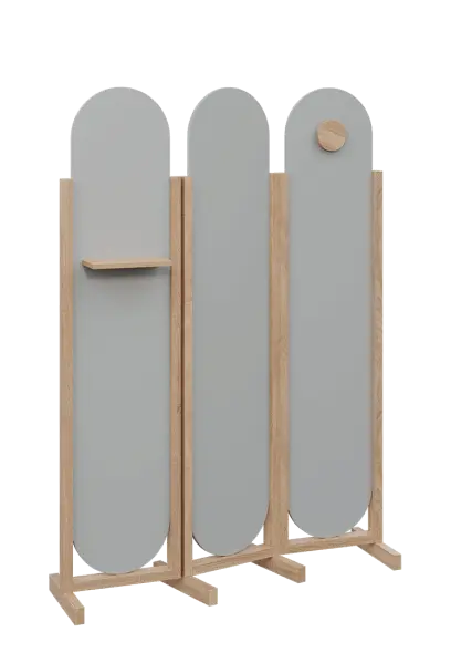 ATMOSFERE ROUND 419, dřevěný 3-dílný paraván, mobilní, výška 1900 mm, rám dub bardolino, výplň šedá, polička, věšák