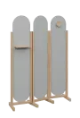 ATMOSFERE ROUND 419, dřevěný 3-dílný paraván, mobilní, výška 1900 mm, rám dub bardolino, výplň šedá, polička, věšák