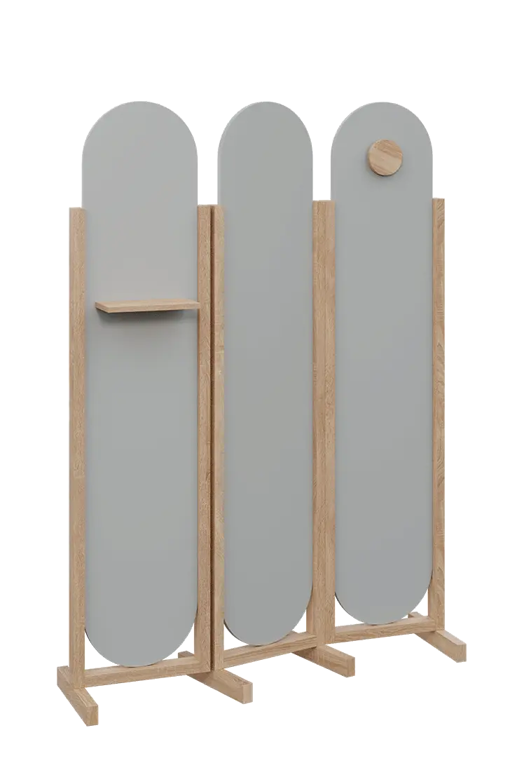 ATMOSFERE ROUND 419, dřevěný 3-dílný paraván, mobilní, výška 1900 mm, rám dub bardolino, výplň šedá, polička, věšák