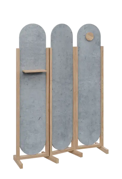 ATMOSFERE ROUND 419, dřevěný 3-dílný paraván, mobilní, výška 1900 mm, rám dub bardolino, výplň beton šedý, polička, věšák