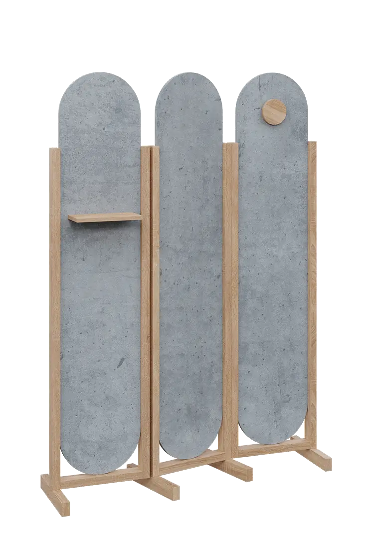 ATMOSFERE ROUND 419, dřevěný 3-dílný paraván, mobilní, výška 1900 mm, rám dub bardolino, výplň beton šedý, polička, věšák