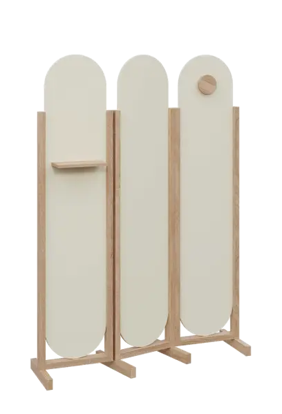 ATMOSFERE ROUND 419, dřevěný 3-dílný paraván, mobilní, výška 1900 mm, rám dub bardolino, výplň smetanová, polička, věšák