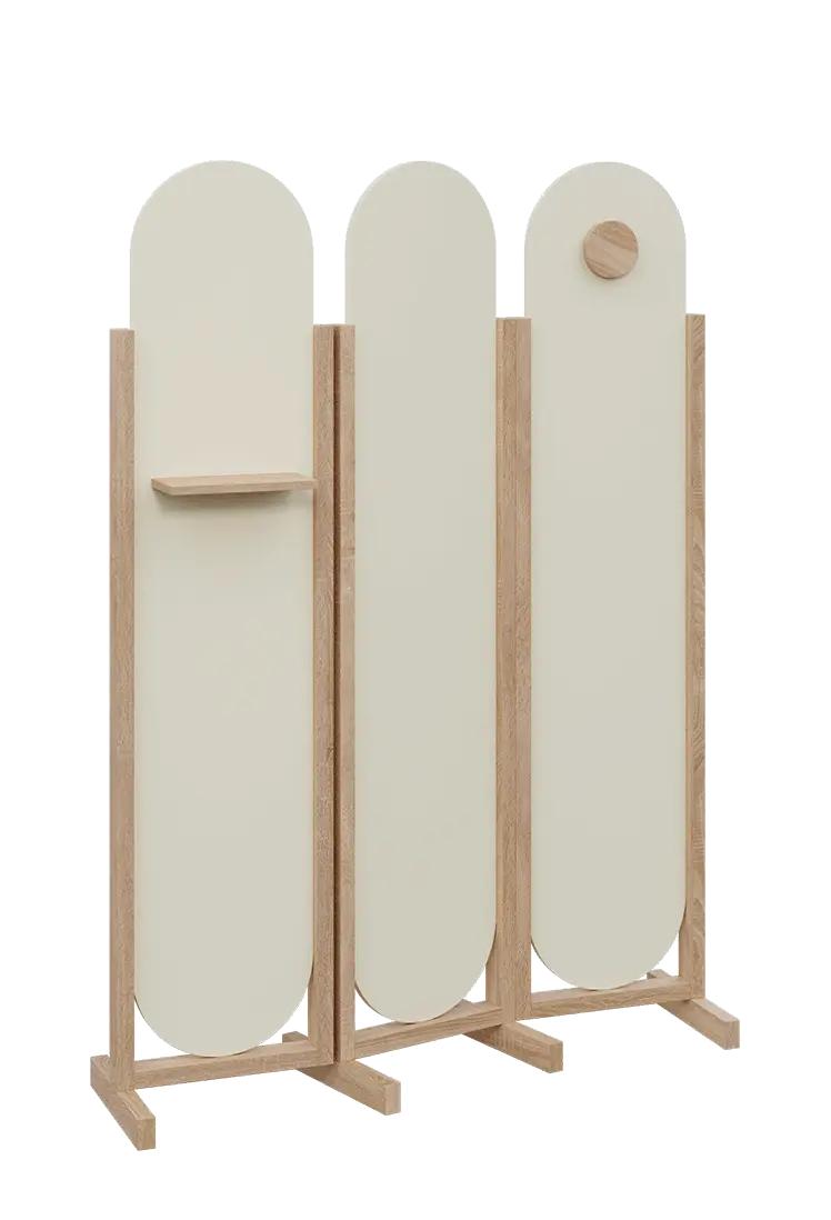 ATMOSFERE ROUND 419, dřevěný 3-dílný paraván, mobilní, výška 1900 mm, rám dub bardolino, výplň smetanová, polička, věšák