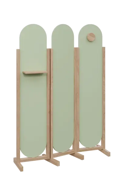 ATMOSFERE ROUND 419, dřevěný 3-dílný paraván, mobilní, výška 1900 mm, rám dub bardolino, výplň šedo-zelinkavá, polička, věšák