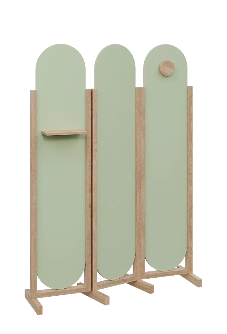 ATMOSFERE ROUND 419, dřevěný 3-dílný paraván, mobilní, výška 1900 mm, rám dub bardolino, výplň šedo-zelinkavá, polička, věšák