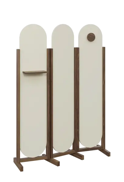 ATMOSFERE ROUND 419, dřevěný 3-dílný paraván, mobilní, výška 1900 mm, rám ořech královský, výplň smetanová, polička, věšák