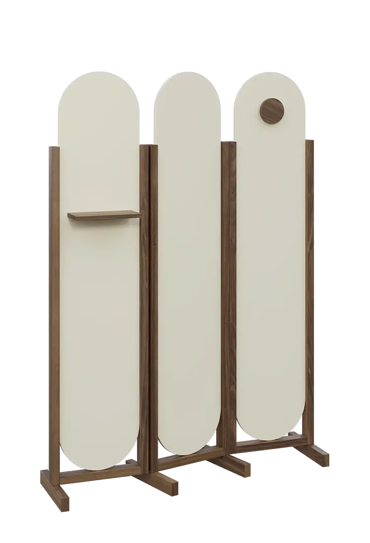 ATMOSFERE ROUND 419, dřevěný 3-dílný paraván, mobilní, výška 1900 mm, rám ořech královský, výplň smetanová, polička, věšák