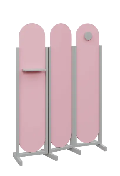 ATMOSFERE ROUND 419, dřevěný 3-dílný paraván, mobilní, výška 1900 mm, rám šedá, výplň pastelově růžová, polička, věšák