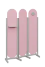 ATMOSFERE ROUND 419, dřevěný 3-dílný paraván, mobilní, výška 1900 mm, rám šedá, výplň pastelově růžová, polička, věšák