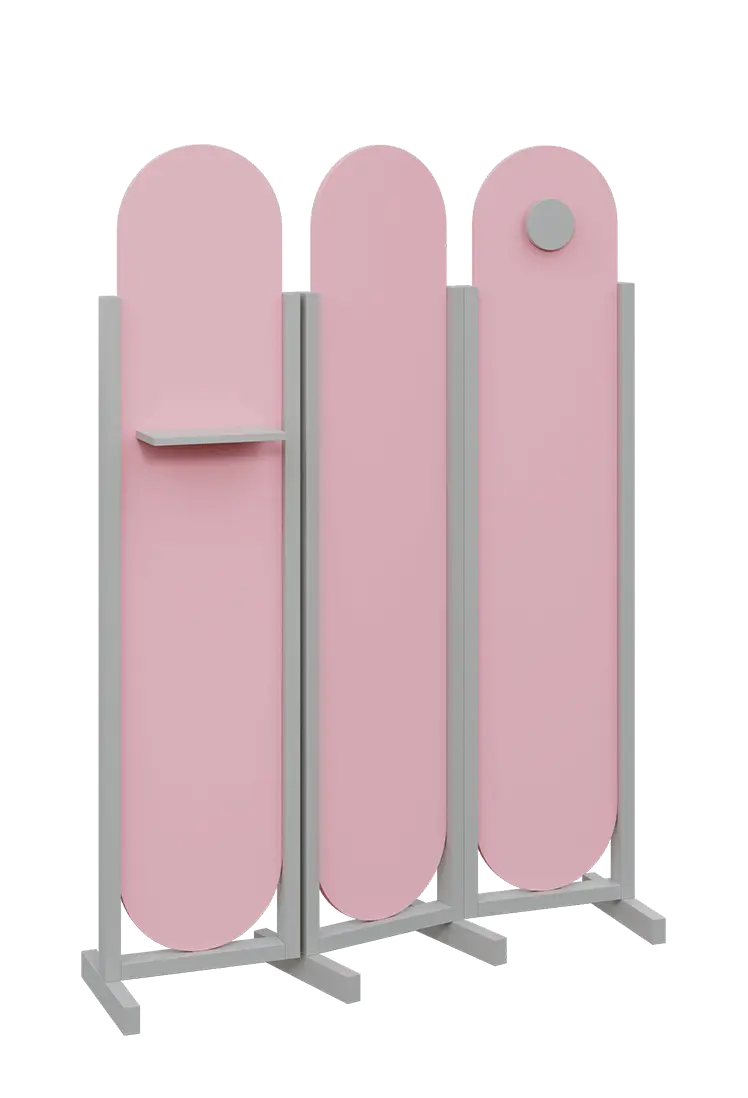 ATMOSFERE ROUND 419, dřevěný 3-dílný paraván, mobilní, výška 1900 mm, rám šedá, výplň pastelově růžová, polička, věšák