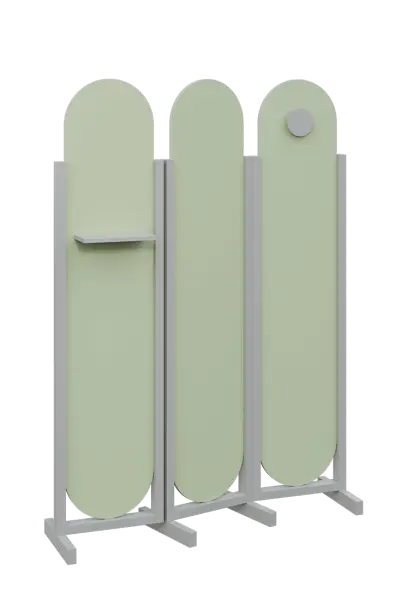 ATMOSFERE ROUND 419, dřevěný 3-dílný paraván, mobilní, výška 1900 mm, rám šedá, výplň šedo-zelinkavá, polička, věšák