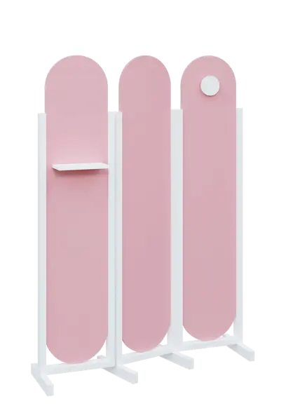 ATMOSFERE ROUND 419, dřevěný 3-dílný paraván, mobilní, výška 1900 mm, rám bílá, výplň pastelově růžová, polička, věšák