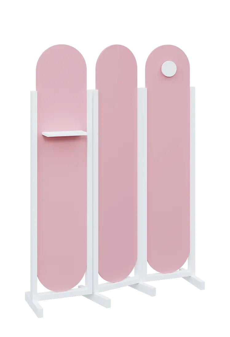 ATMOSFERE ROUND 419, dřevěný 3-dílný paraván, mobilní, výška 1900 mm, rám bílá, výplň pastelově růžová, polička, věšák