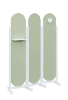 ATMOSFERE ROUND 419, dřevěný 3-dílný paraván, mobilní, výška 1900 mm, rám bílá, výplň šedo-zelinkavá