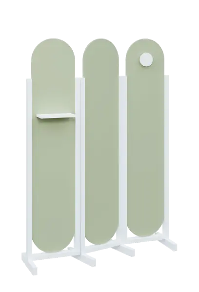 ATMOSFERE ROUND 419, dřevěný 3-dílný paraván, mobilní, výška 1900 mm, rám bílá, výplň šedo-zelinkavá, polička, věšák