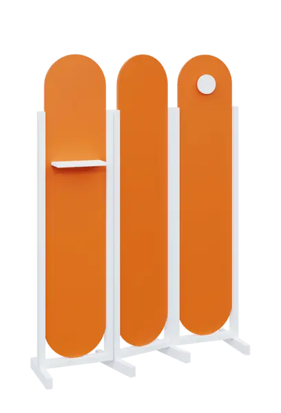 ATMOSFERE ROUND 419, dřevěný 3-dílný paraván, mobilní, výška 1900 mm, rám bílá, výplň pomeranč, polička, věšák