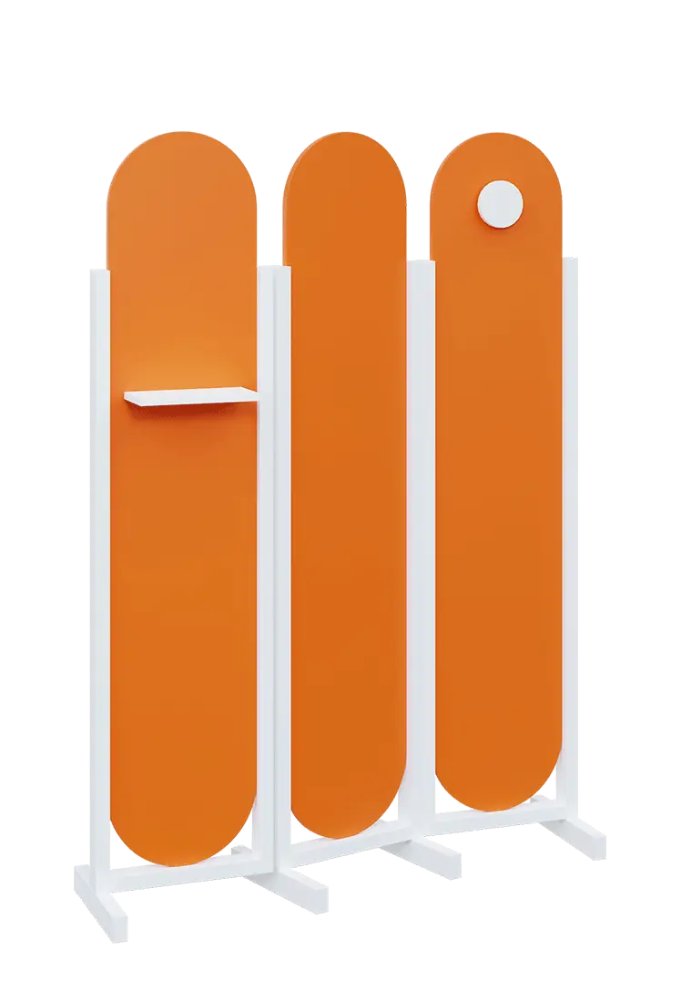 ATMOSFERE ROUND 419, dřevěný 3-dílný paraván, mobilní, výška 1900 mm, rám bílá, výplň pomeranč, polička, věšák
