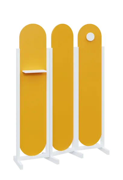 ATMOSFERE ROUND 419, dřevěný 3-dílný paraván, mobilní, výška 1900 mm, rám bílá, výplň žlutá odio, polička, věšák