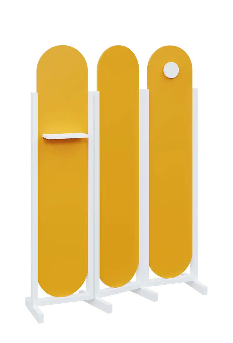 ATMOSFERE ROUND 419, dřevěný 3-dílný paraván, mobilní, výška 1900 mm, rám bílá, výplň žlutá odio, polička, věšák