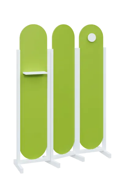 ATMOSFERE ROUND 419, dřevěný 3-dílný paraván, mobilní, výška 1900 mm, rám bílá, výplň jarní zeleň, polička, věšák