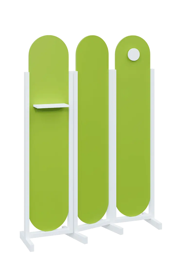 ATMOSFERE ROUND 419, dřevěný 3-dílný paraván, mobilní, výška 1900 mm, rám bílá, výplň jarní zeleň, polička, věšák