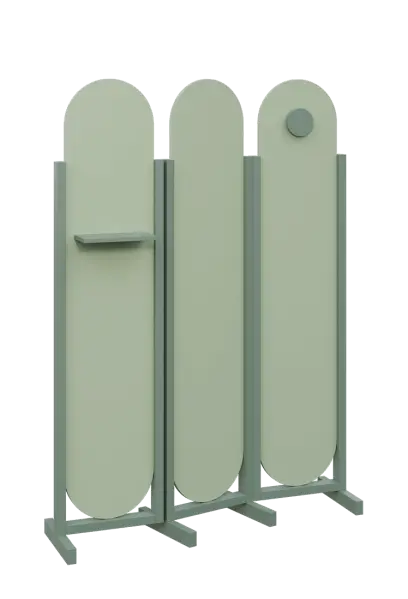 ATMOSFERE ROUND 419, dřevěný 3-dílný paraván, mobilní, výška 1900 mm, rám industrial green, výplň pistáciově zelená, polička, věšák