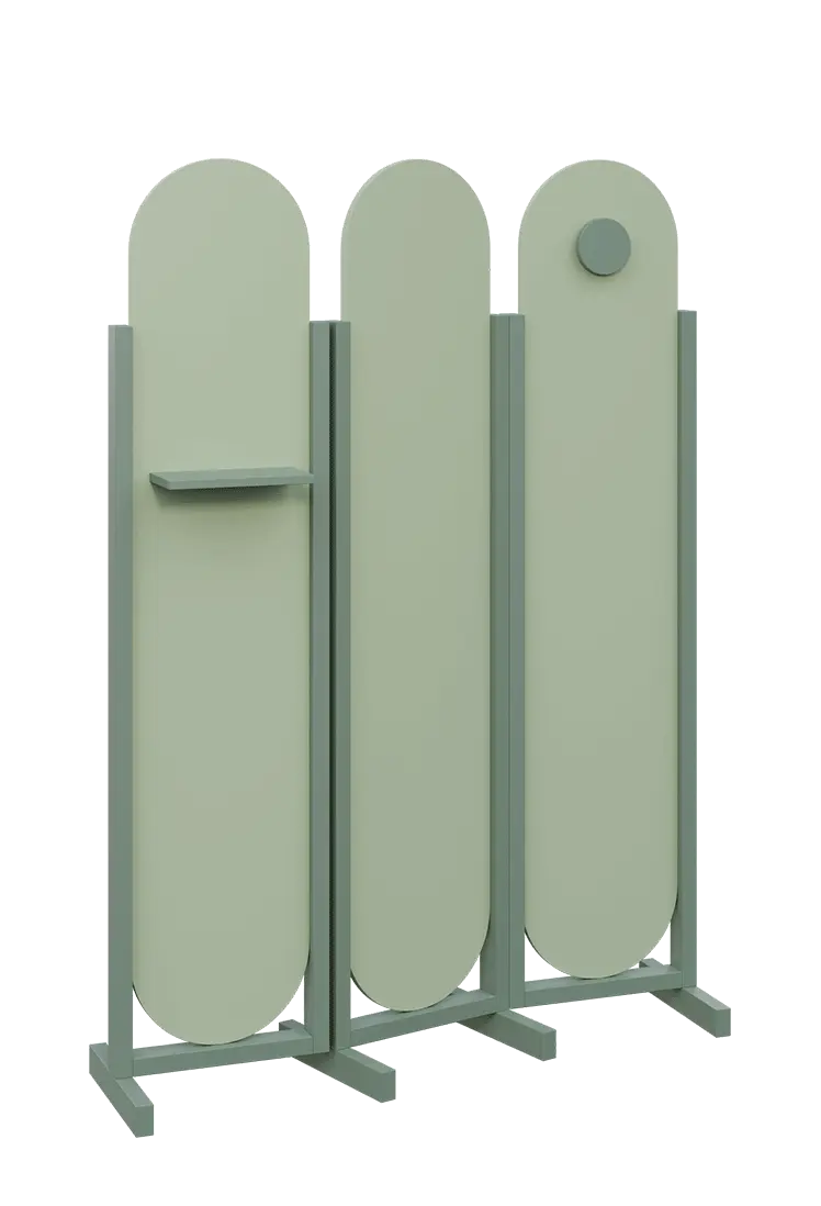 ATMOSFERE ROUND 419, dřevěný 3-dílný paraván, mobilní, výška 1900 mm, rám industrial green, výplň pistáciově zelená, polička, věšák
