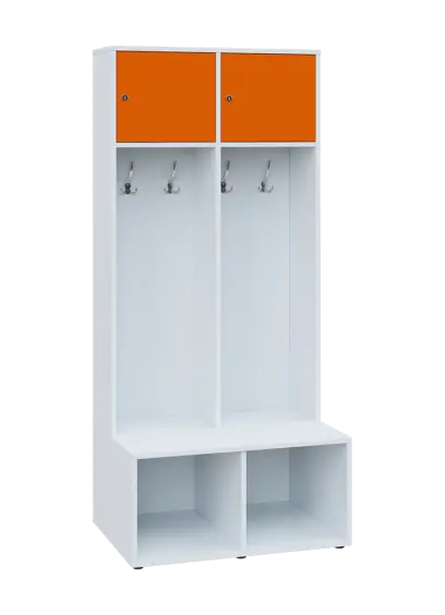 SZB - 180 - 80 šatní skříň s botníkem, 2-dvéřová, 1800x800x300/600 mm, korpus bílá, horní dvířka pomeranč