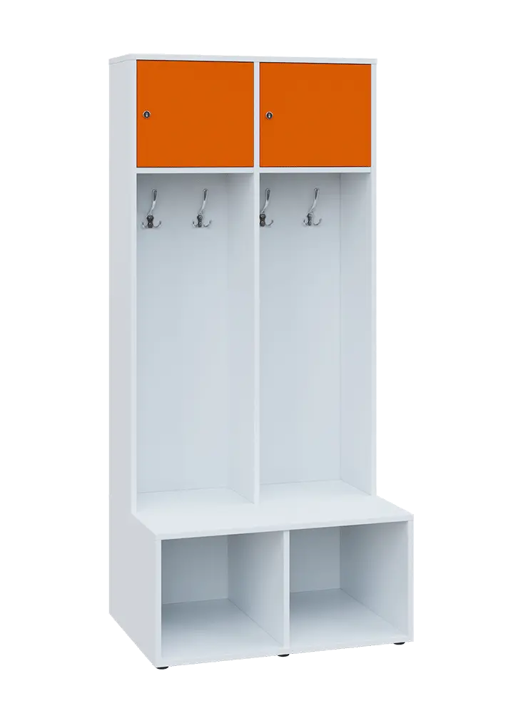 SZB - 180 - 80 šatní skříň s botníkem, 2-dvéřová, 1800x800x300/600 mm, korpus bílá, horní dvířka pomeranč