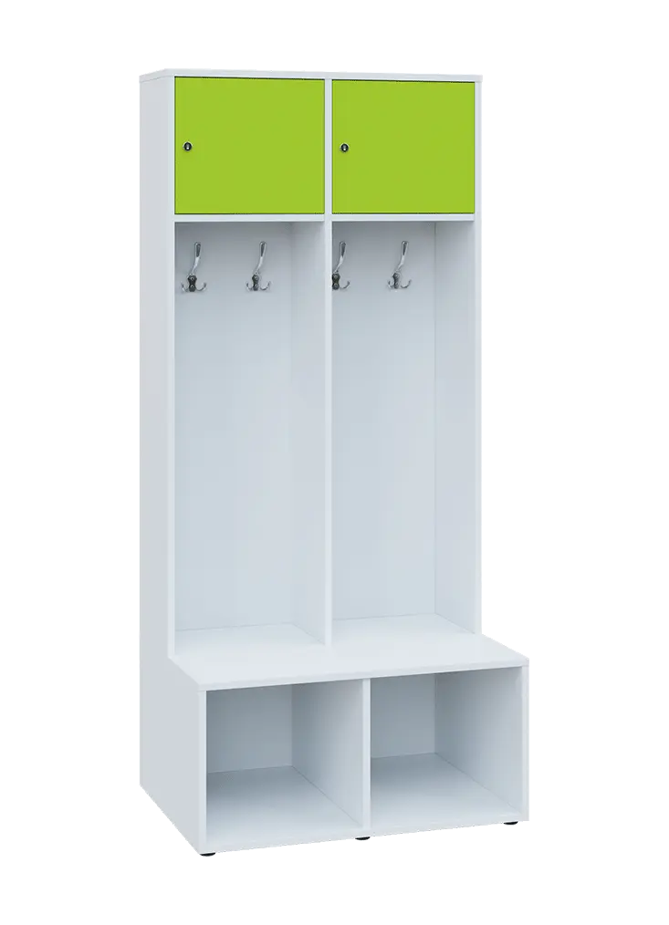 SZB - 180 - 80 šatní skříň s botníkem, 2-dvéřová, 1800x800x300/600 mm, korpus bílá, horní dvířka jarní zeleň