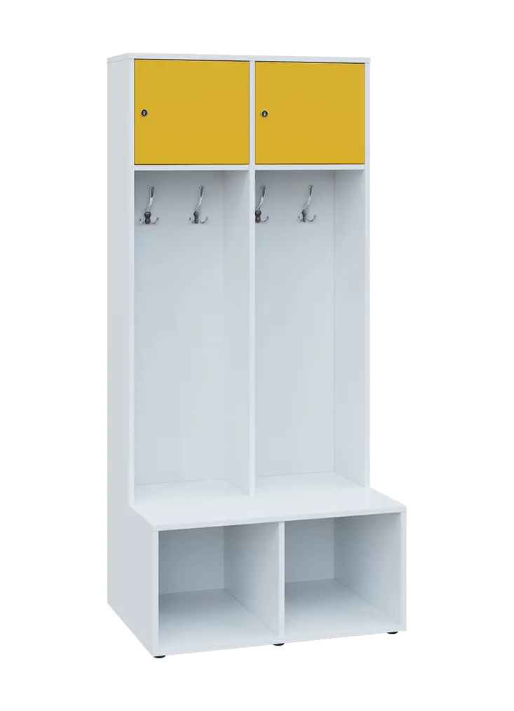 SZB - 180 - 80 šatní skříň s botníkem, 2-dvéřová, 1800x800x300/600 mm, korpus bílá, horní dvířka žlutá odio