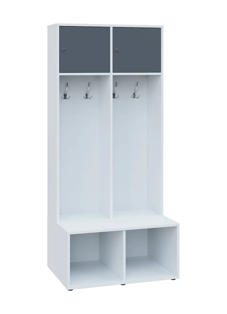 SZB - 180 - 80 šatní skříň s botníkem, 2-dvéřová, 1800x800x300/600 mm, korpus bílá, horní dvířka antracit