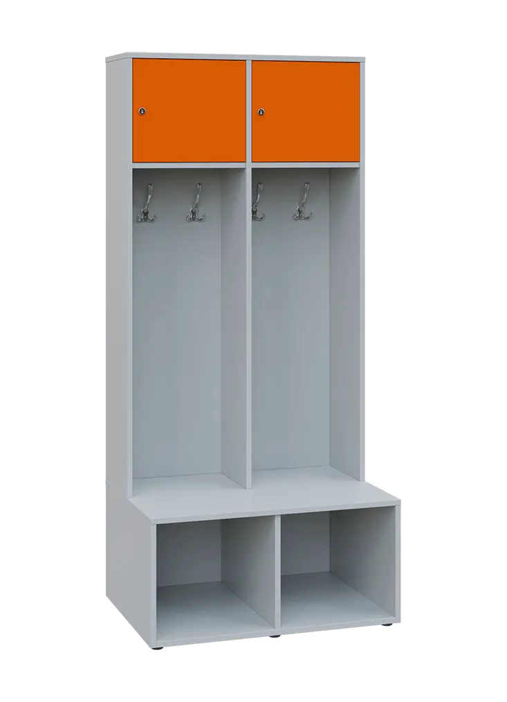 SZB - 180 - 80 šatní skříň s botníkem, 2-dvéřová, 1800x800x300/600 mm, korpus šedá, horní dvířka pomeranč