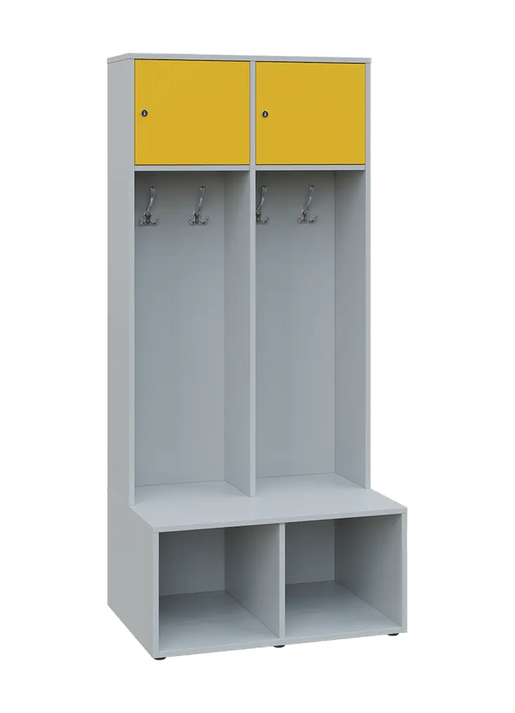 SZB - 180 - 80 šatní skříň s botníkem, 2-dvéřová, 1800x800x300/600 mm, korpus šedá, horní dvířka žlutá odio