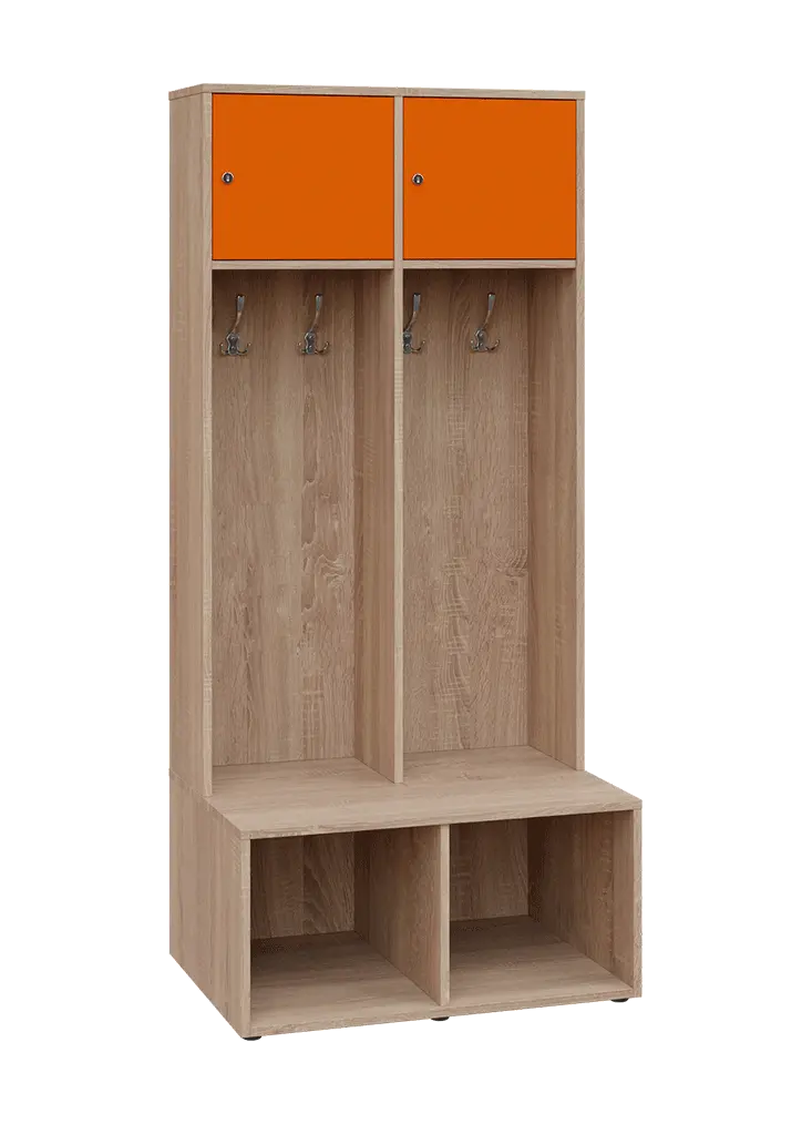 SZB - 180 - 80 šatní skříň s botníkem, 2-dvéřová, 1800x800x300/600 mm, korpus dub bardolino, horní dvířka pomeranč