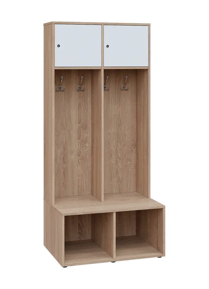 SZB - 180 - 80 šatní skříň s botníkem, 2-dvéřová, 1800x800x300/600 mm, korpus dub bardolino, horní dvířka bílá