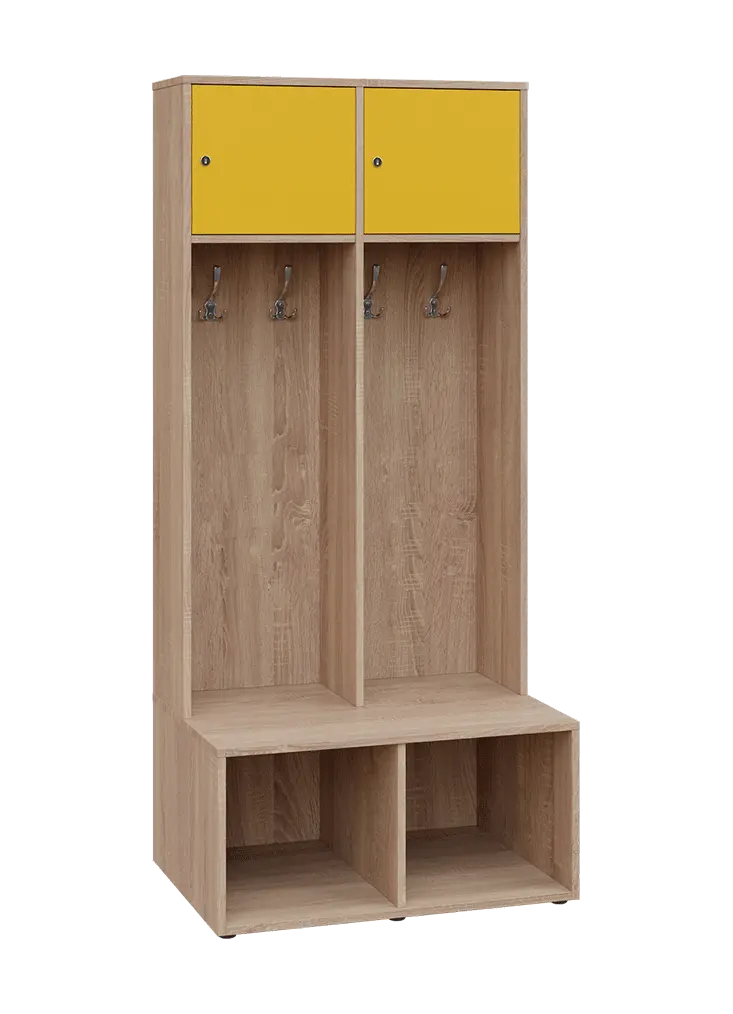 SZB - 180 - 80 šatní skříň s botníkem, 2-dvéřová, 1800x800x300/600 mm, korpus dub bardolino, horní dvířka žlutá odio