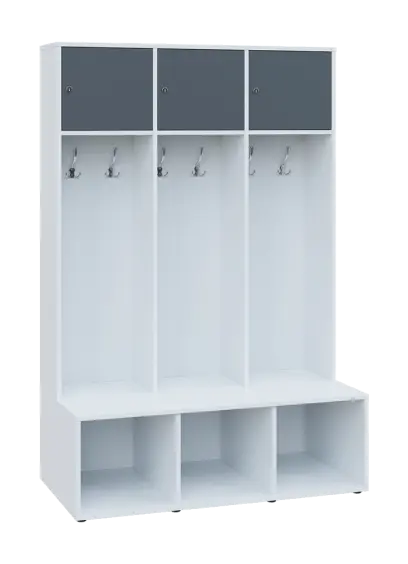 SZB - 180 - 120 šatní skříň s botníkem, 3-dvéřová, 1800x1200x300/600 mm, korpus bílá, horní dvířka a