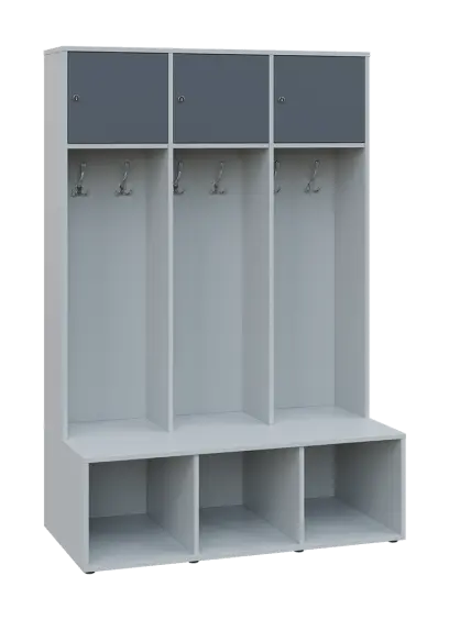 SZB - 180 - 120 šatní skříň s botníkem, 3-dvéřová, 1800x1200x300/600 mm, korpus šedá, horní dvířka a