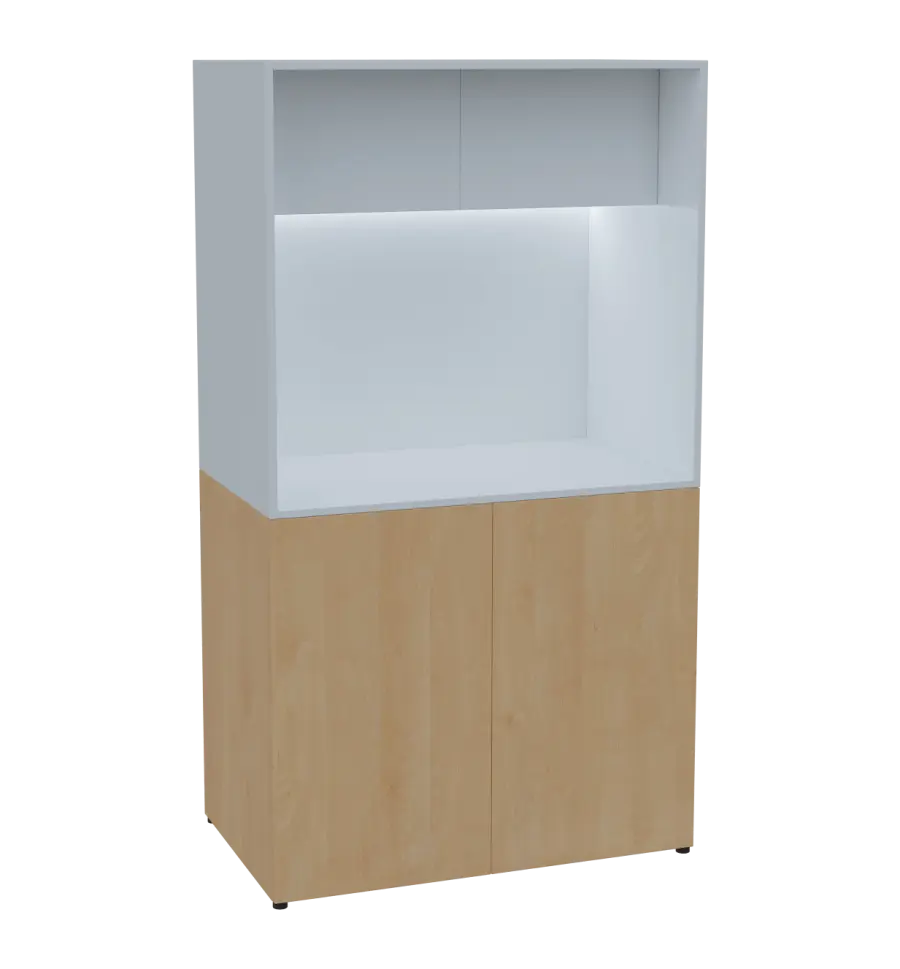 KUCH - CUBE 2 kuchyňka, bez vybavení, 1800x1000x600 mm, LED osvětlení, horní výklopné skříňky, javor horský/bílá