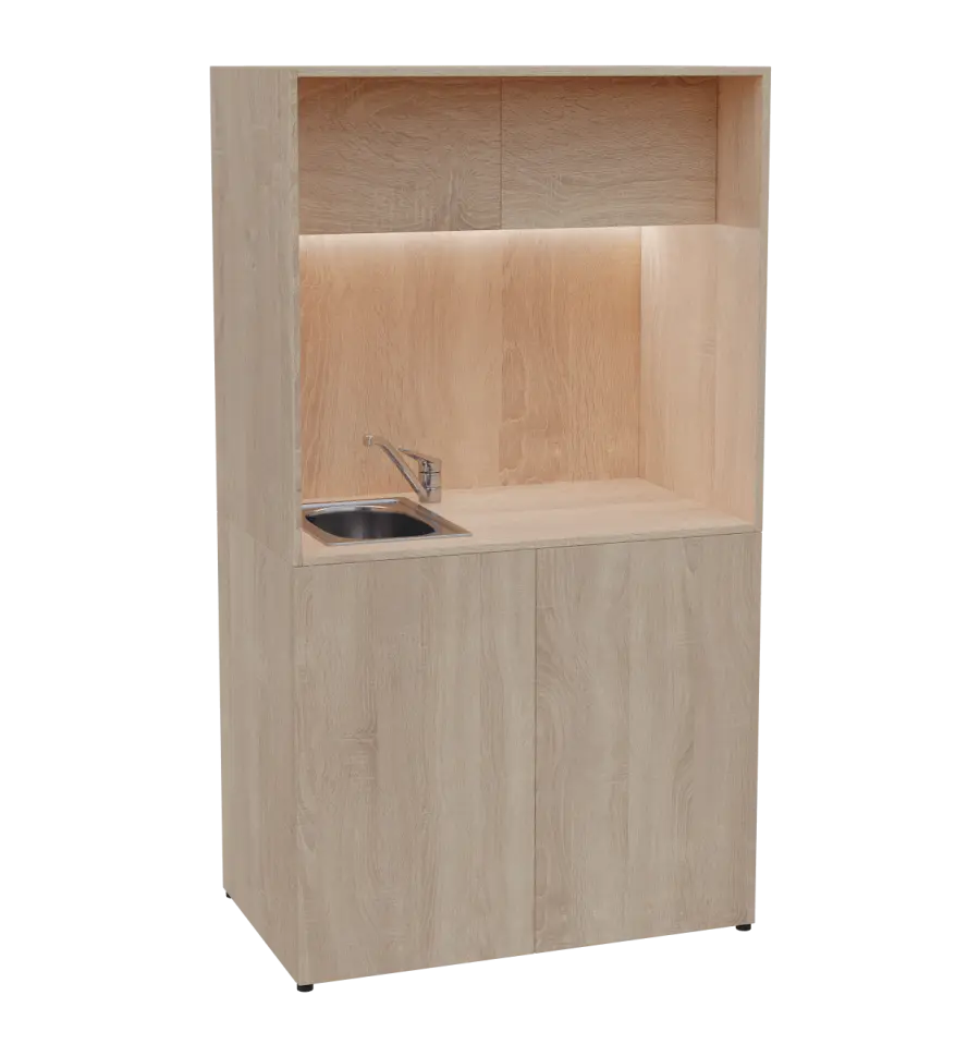 KUCH - CUBE 2 kuchyňka, vybavení - dřez + baterie, 1800x1000x600 mm, LED osvětlení, horní výklopné skříňky, dub bardolino