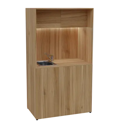 KUCH - CUBE 2 kuchyňka, vybavení - dřez + baterie, 1800x1000x600 mm, LED osvětlení, horní výklopné skříňky, ořech světlý