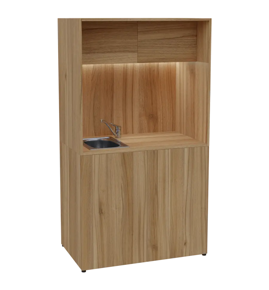 KUCH - CUBE 2 kuchyňka, vybavení - dřez + baterie, 1800x1000x600 mm, LED osvětlení, horní výklopné skříňky, ořech světlý